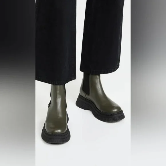 NWOB GANNI - Creepers Leather Chelsea Boots - Kalamata Olive Green - EU 40/US 10 - Picture 6 of 16